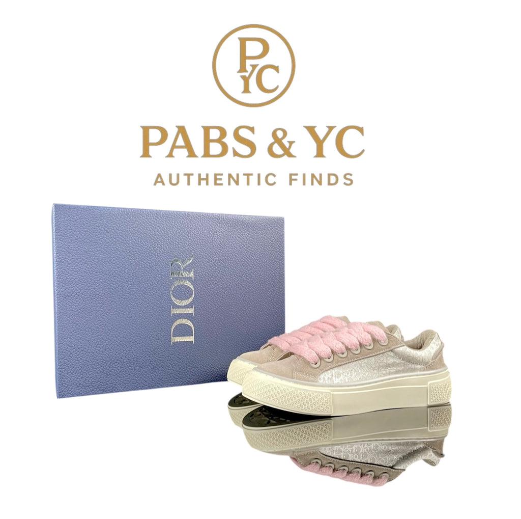 DIOR B33 Low-Top Sneaker in Grey Dior Oblique Jacquard with Pink Mohair Laces